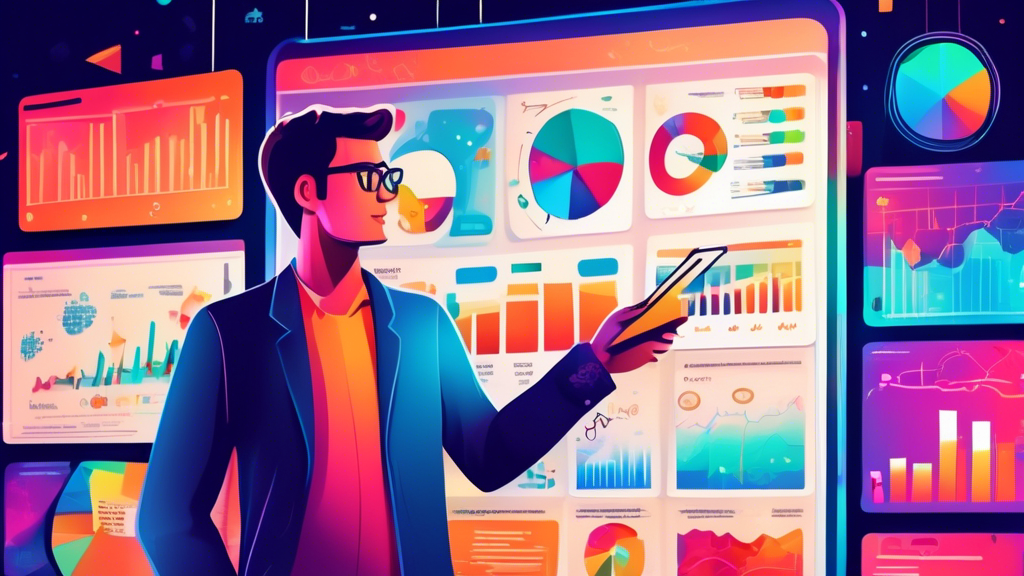 Detailed illustration of a young entrepreneur standing in front of a large, colorful dashboard displaying various web analytics and metrics charts, with helpful icons and a guidebook in hand under bright, inviting lights.