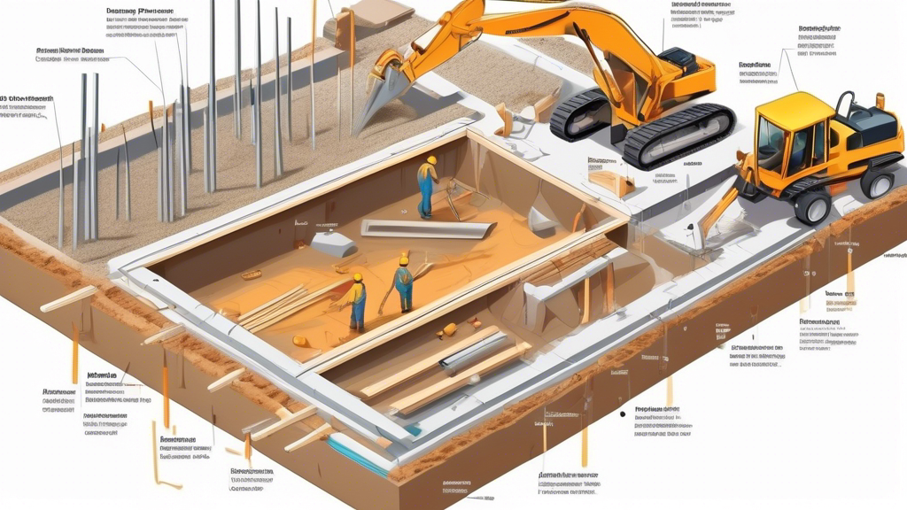 Detailed illustration of a construction worker laying the foundation for a modern house, showing all the essential materials and tools, with an educational diagram labeling different parts of the foundation process.