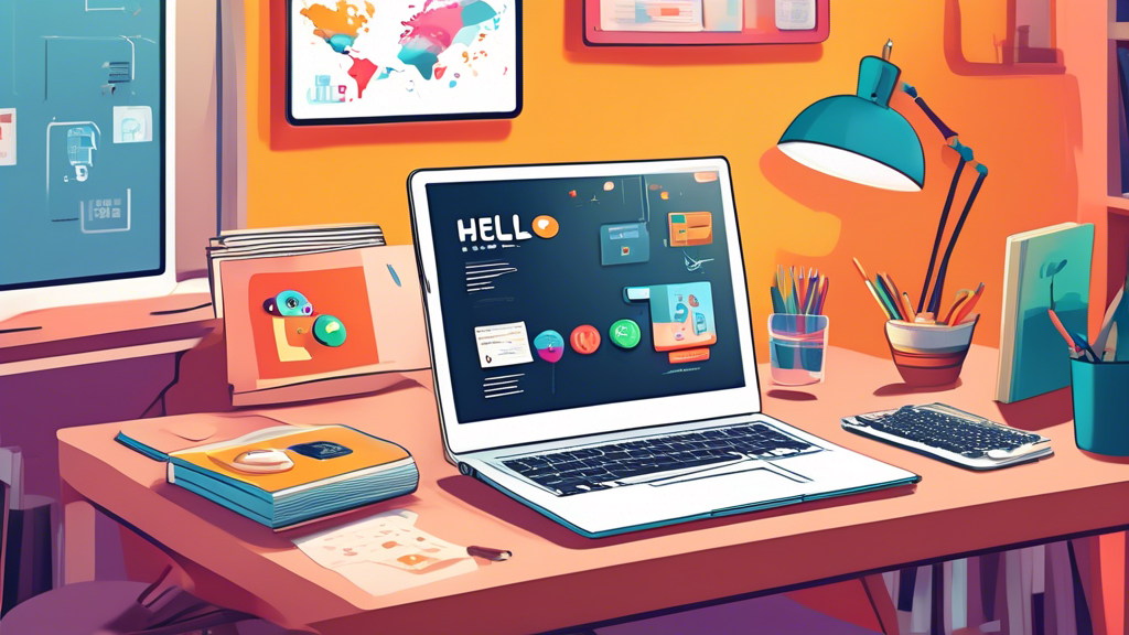 An illustrated guidebook open on a table, showing a colorful, easy-to-follow introduction to HTML5 basics, with cartoon characters coding and a laptop displaying 'Hello World' in an HTML editor, in a cozy study room.