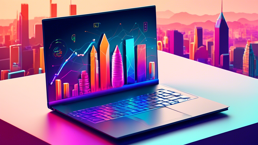 A sleek, modern laptop displaying a dynamic, colorful graph showing an upward trend, with floating 3D icons representing different web development tools and currencies against a backdrop of a futuristic city skyline, symbolizing the evolving landscape and cost of web development in 2023.