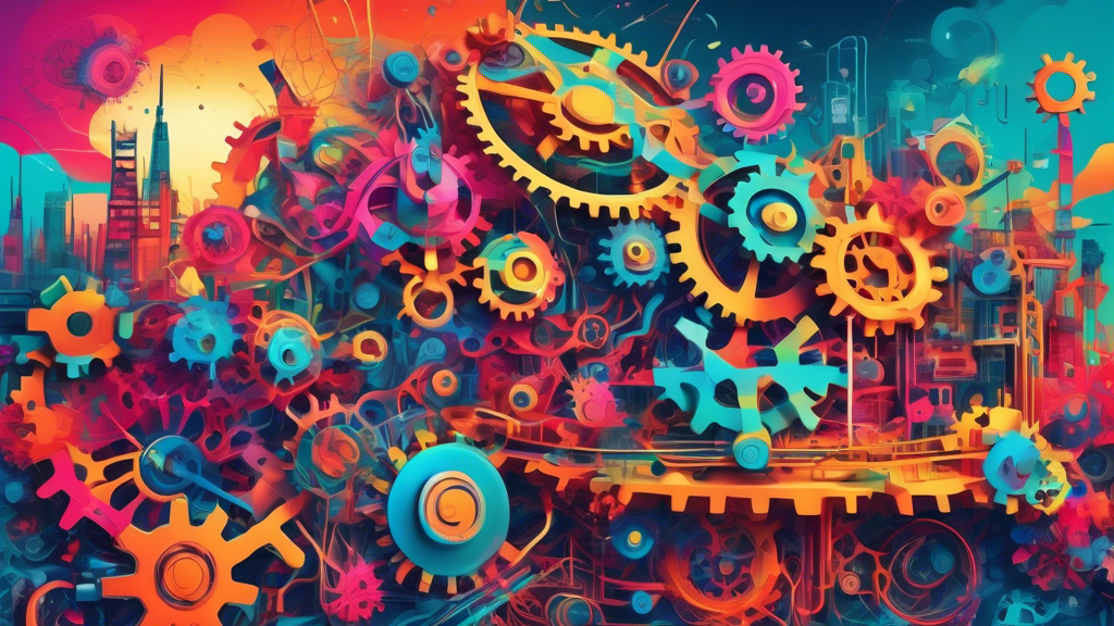 An imaginative digital landscape with various abstract, interconnected gears and tools, symbolizing the unlocking of potential through custom software solutions, under a vibrant, technology-inspired sky.