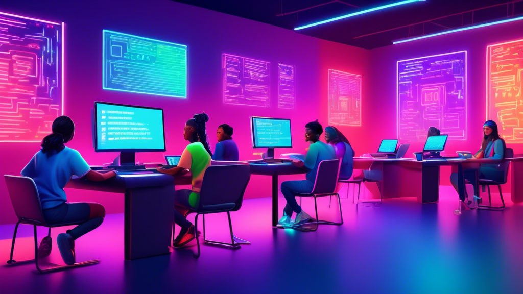 A diverse group of students enthusiastically coding on laptops in a modern, vibrant classroom, with digital screens displaying complex code and a glowing neon sign that reads 'Coding Bootcamp'.