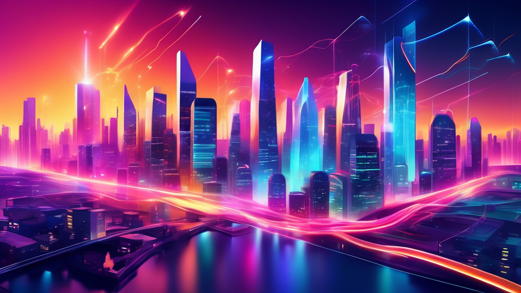 An imaginative digital artist's conception of a futuristic skyline where each building represents a different Progressive Web App (PWA), glowing with energy and interconnected with flowing streams of light to signify the seamless integration and power of PWAs in the modern digital landscape.