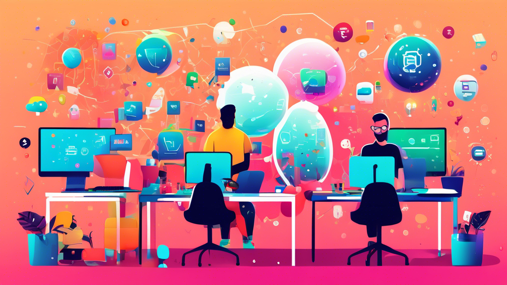 A minimalist, colorful illustration of a vibrant startup office scene with a diverse team coding on computers, surrounded by icons representing web development tools and languages, hovering above their workstations like floating bubbles.