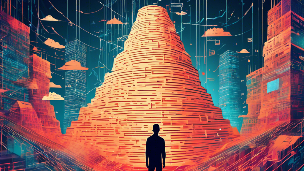 A digital illustration of a young programmer surrounded by lines of JavaScript code, with the Tower of Babel in the background, symbolizing the transformation of code through transpilation