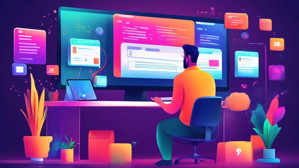 An illustrated step-by-step guide showing a developer coding push notifications for a colorful web application, with digital notifications popping up on a desktop and mobile screen in a cozy and modern office environment.