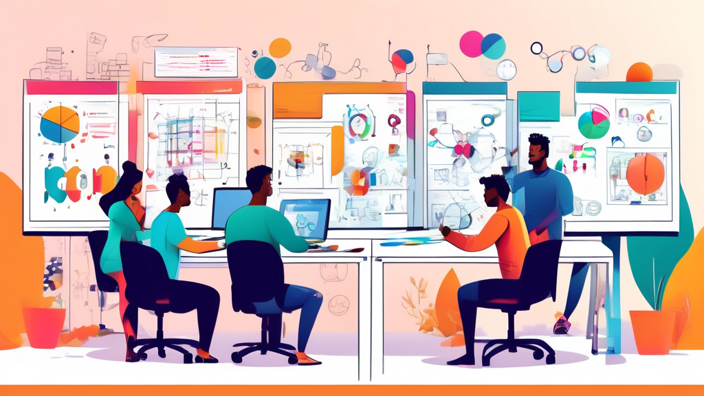 Create an image showing a diverse team of software testers working together in an office setting, with various testing methodologies written on whiteboards in the background such as unit testing, inte