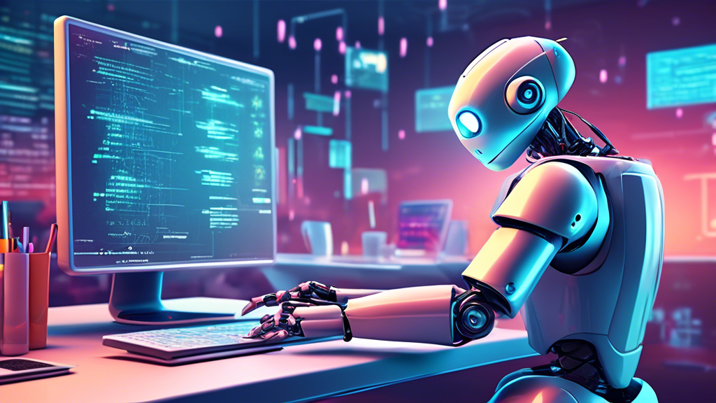 A digital illustration of a friendly robot conducting a software testing session using Jest and Mocha tools on computer screens, with code snippets floating around, set in a futuristic lab environment.