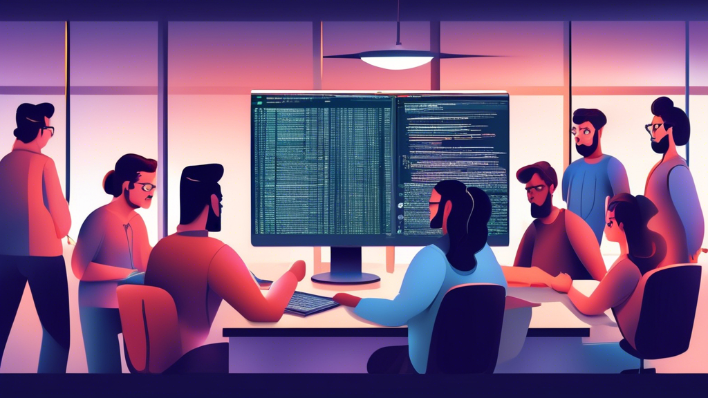 Create an image of a team of software developers gathered around a computer screen, engaged in a code review session. The screen displays lines of code and the developers are discussing and pointing a