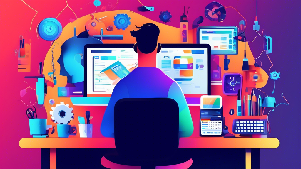 Create an image of a web developer surrounded by various tools and gadgets, showcasing a sleek and organized workspace with the title Boost Your Efficiency: Productivity Tips for Web Developers displa