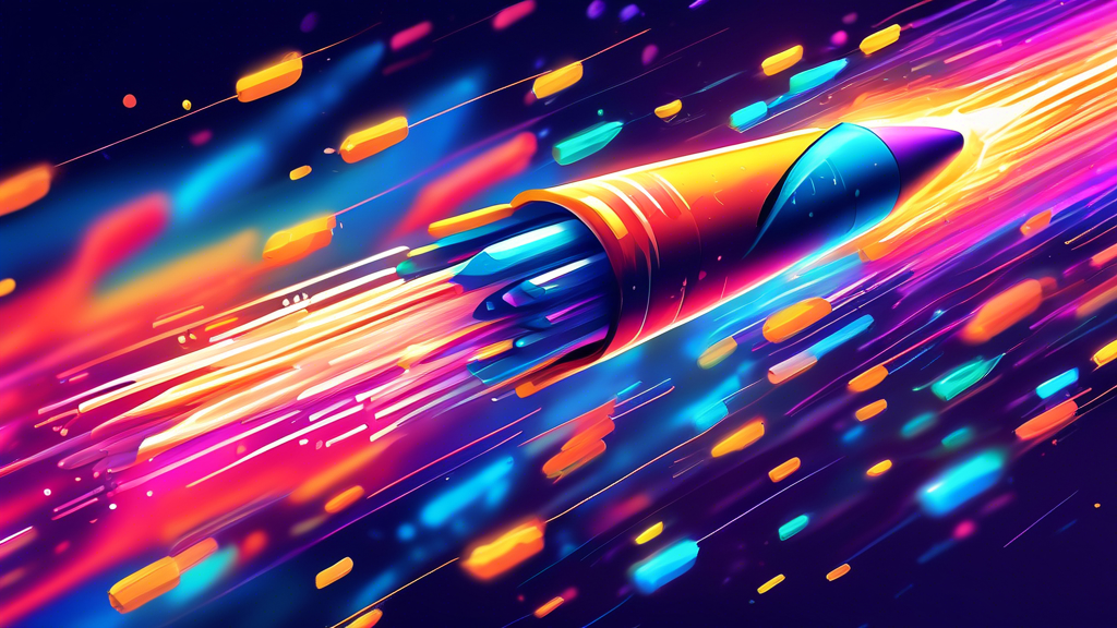 A vibrant digital illustration of a compressed, glowing file transforming into a streamlined, speedy rocket, symbolizing the enhancement of web performance through minification and compression, with code snippets and binary numbers floating around in the background.