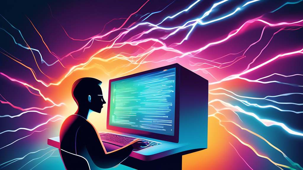 Digital illustration of a fast-moving server providing lightning-fast web pages to a user on a computer, symbolizing server-side rendering (SSR) enhancing web performance.