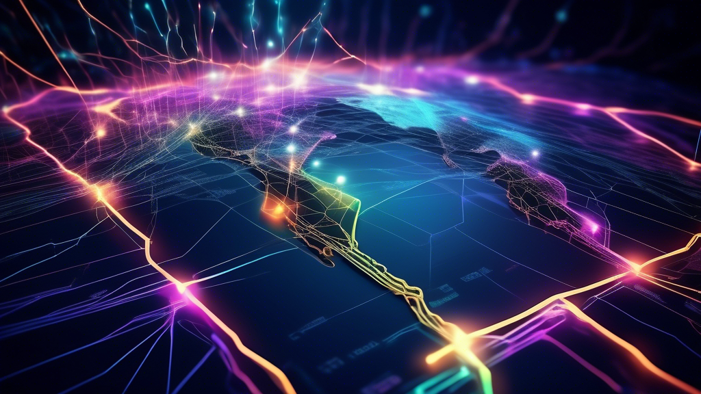 A futuristic digital landscape showcasing a sleek web interface with lightning-fast data transfer symbolized by glowing streaks of light connecting global points on a CDN network map.