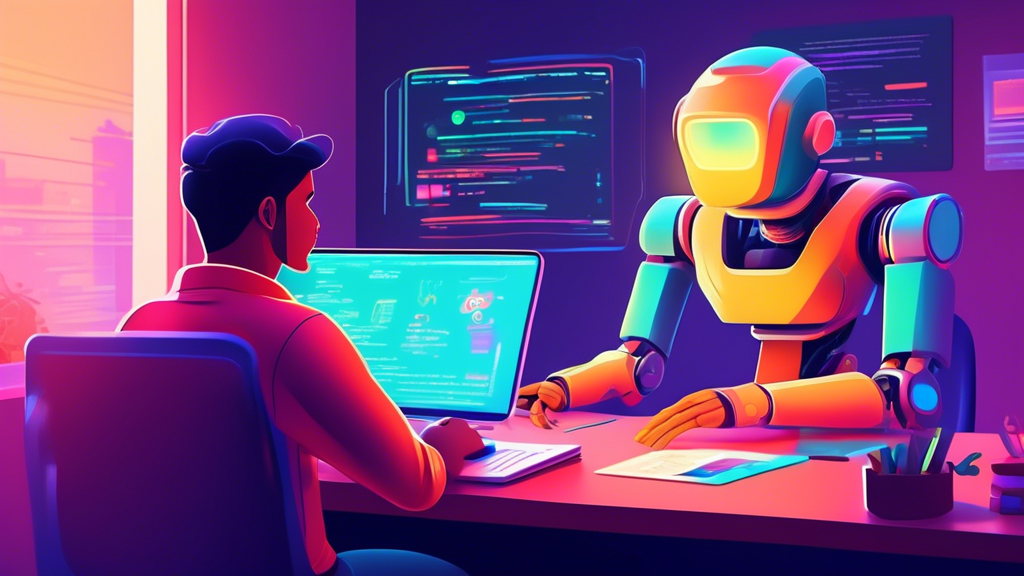 Create a digital illustration of a novice programmer sitting at a desk in front of a computer screen displaying colorful React.js code, with a friendly robot tutor explaining the basics, in a cozy, light-filled study room.