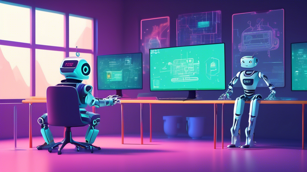 An illustration of a friendly robot teaching a beginner programmer how to build user interfaces using Vue.js, surrounded by computer screens displaying code and the Vue.js logo, in a futuristic classroom setting.