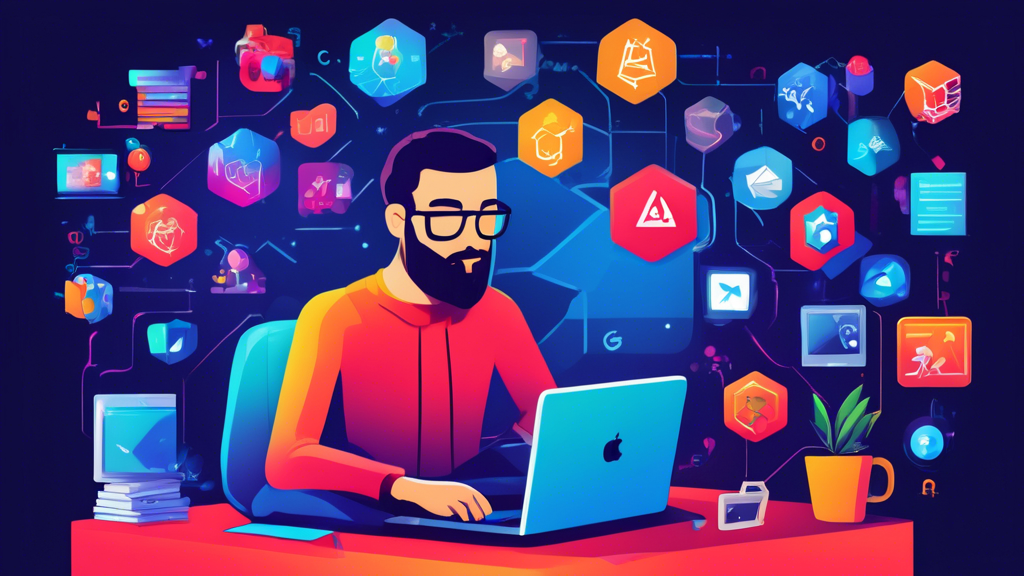 An illustrated guidebook cover showing a beginner programmer sitting in front of a laptop with the Angular logo on the screen, surrounded by icons of web applications, in a digital and friendly learning environment.