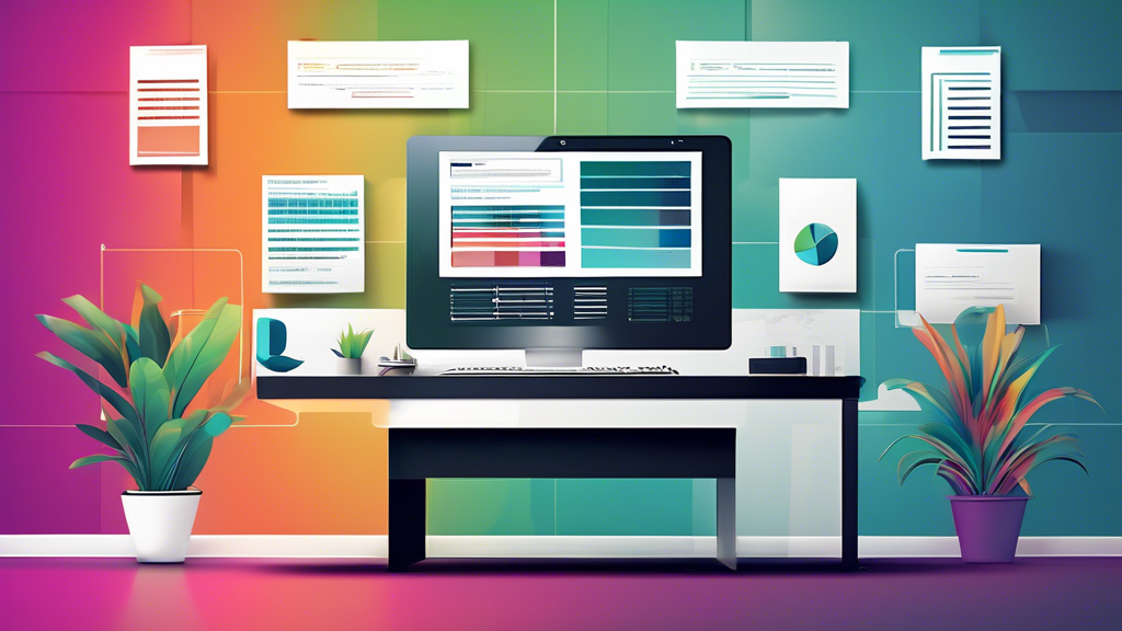 Create an image of a sleek, modern office space with a computer showing a customized blog website being developed. Include design elements such as code snippets, wireframes, and color palettes to symb