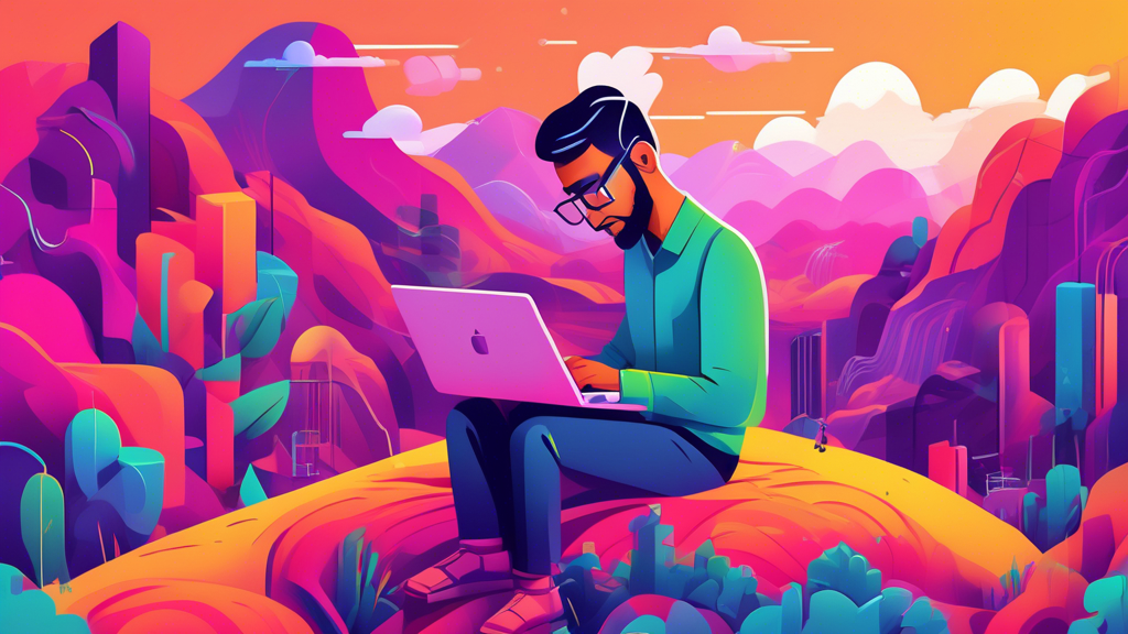 An illustrated digital guidebook cover featuring a novice programmer building a RESTful API using Node.js in a vibrant, code-inspired landscape.