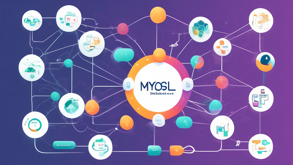 A visual infographic showing the process of connecting MySQL database to a Node.js application, including steps from installation to testing, with icons for MySQL dolphin logo and Node.js logo interconnected by a data flow diagram.