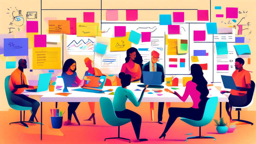 Create an image of a diverse group of people brainstorming and collaborating on a web content strategy, surrounded by sticky notes, laptops, and charts. The setting should be a modern office space wit