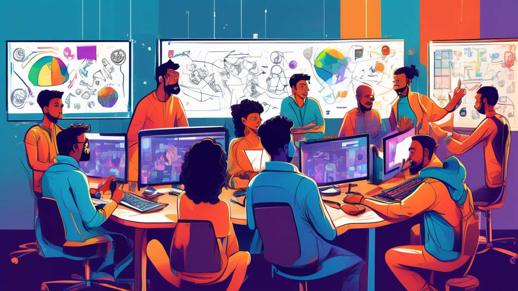 Create an image of a diverse team of game developers collaborating together on creating an online game. Show them engaged in brainstorming ideas, sketching out designs on a whiteboard, and working on