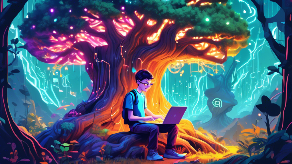 An illustrated digital guidebook cover showing a young programmer with a laptop sitting under a giant JavaScript logo tree, crafting a glowing 'function' spell in a whimsical, enchanted coding forest.