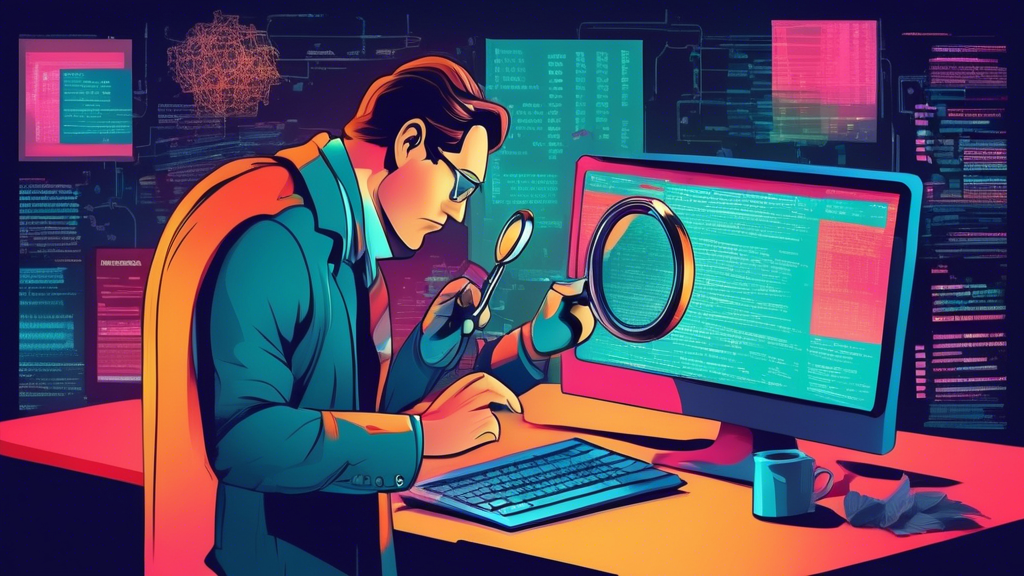 Create an illustration of a detective magnifying glass closely inspecting a cluster of JavaScript code, with browser developer tools interface open in the background.