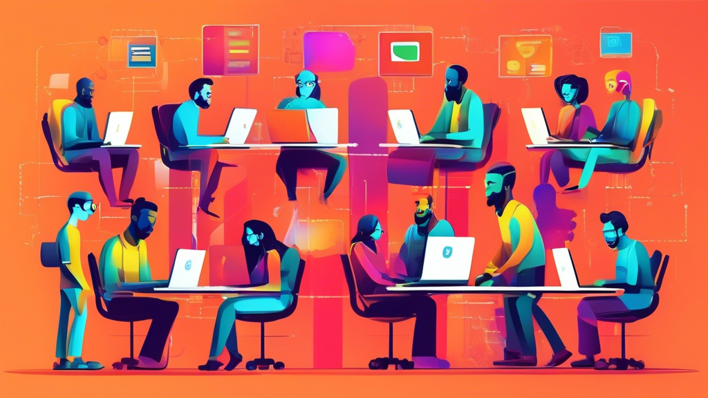 A conceptual image of a diverse team of web developers working together on laptops and computer screens, collaborating on enhancing customer support features for a website. The image should convey a s