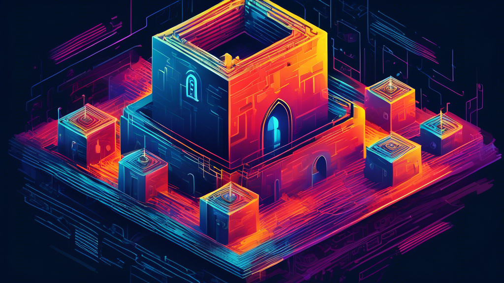 Create an image of a digital fortress symbolizing website security, with intricate layers of protection such as firewalls, encrypted codes, and shields. The fortress should appear strong and impenetra