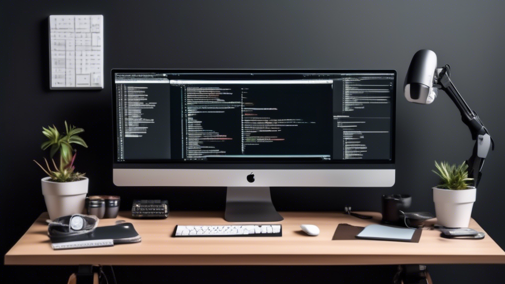 Create an image of a modern home office setup tailored for web developers, featuring a sleek desk with multiple monitors displaying code editors, a comfortable office chair, a standing desk converter,