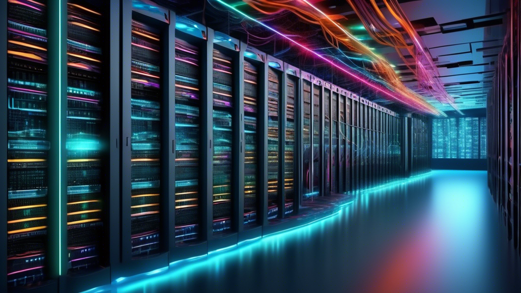 Create an image of a futuristic server room filled with rows of high-tech servers and wires, depicting a cutting-edge web scalability solution. Show the servers glowing with advanced technology, surro