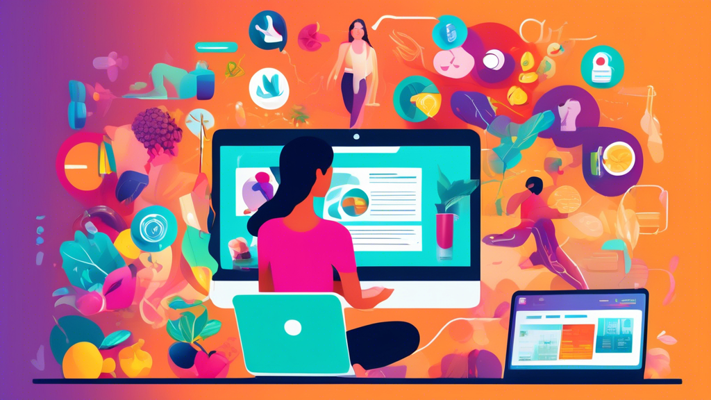 Create an image of a person using a laptop, surrounded by various health and wellness website pages displayed on the screen. Include colorful icons and visuals related to fitness, nutrition, mental he