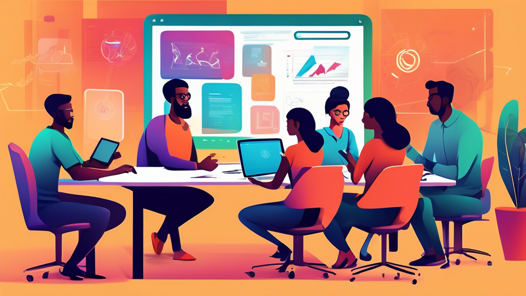 Create an image of a diverse group of individuals in a modern office setting, seated around a conference table, engaged in a discussion about a web development project. Each person should be holding a