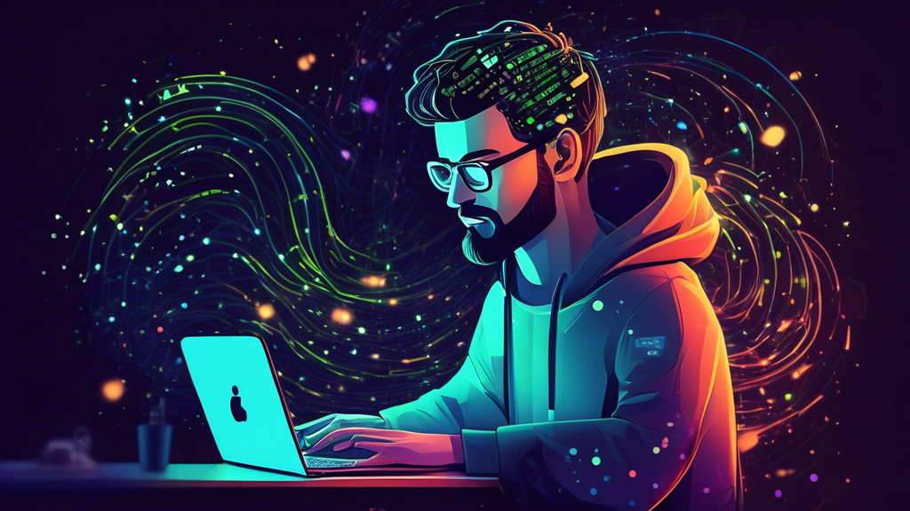 Create an image representing a programmer typing on a laptop in a cozy workspace, with Node.js and MongoDB logos glowing on the screen, surrounded by digital code particles swirling in the air.