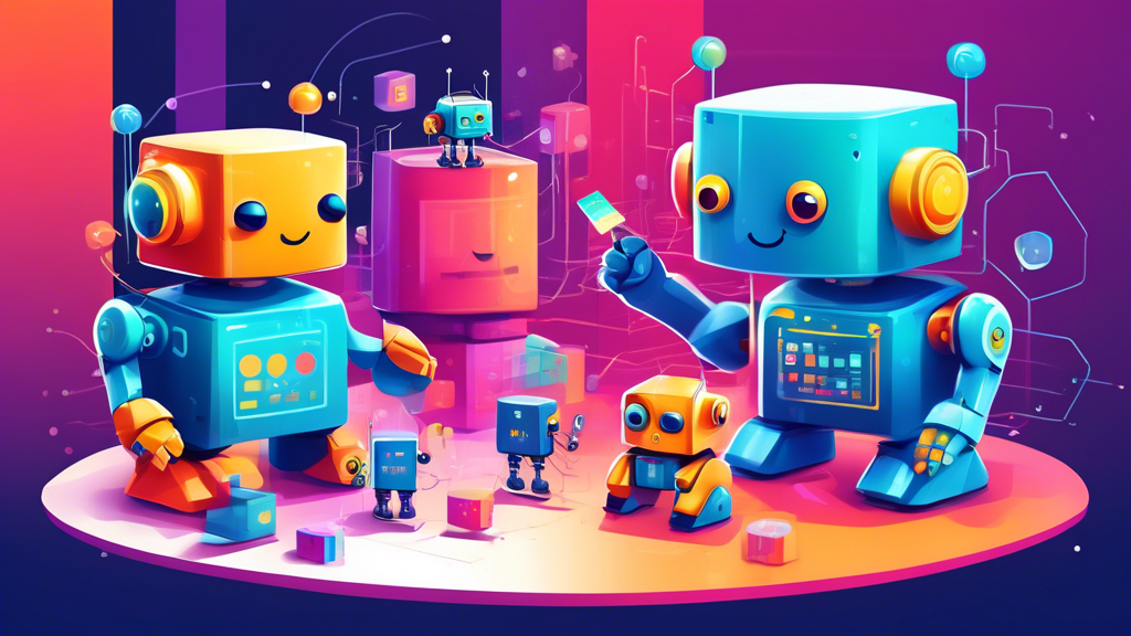 An illustrated tutorial step with cute robots building and deploying a Docker container for a colorful web application in a futuristic coding environment.