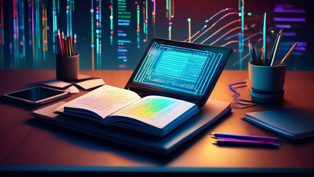 An illustrated open book on a desk, surrounded by glowing digital screens displaying lines of code and API symbols, with a pencil and notepad to the side, in a modern office setting.