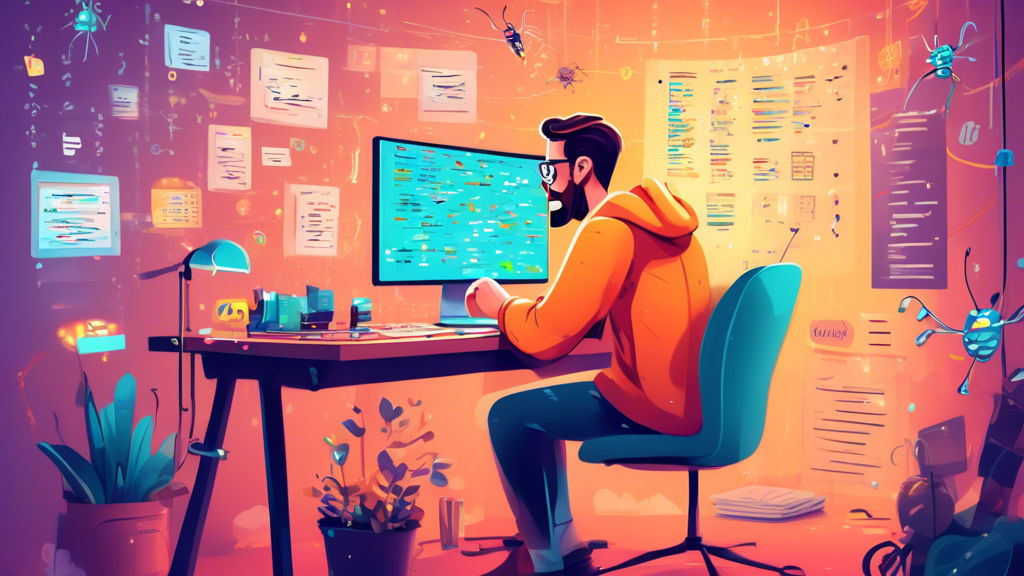 A digital illustration of a cheerful programmer writing unit tests in JavaScript on a computer screen, surrounded by small, floating code snippets and cartoon bugs being fixed, in a cozy, well-lit workspace environment.