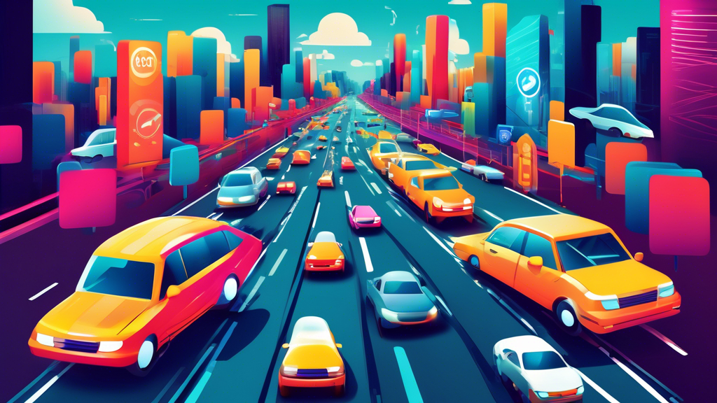 Create an image of a vibrant digital highway with lanes filled with various vehicles symbolizing different website traffic sources such as social media, email marketing, SEO, and online advertisements