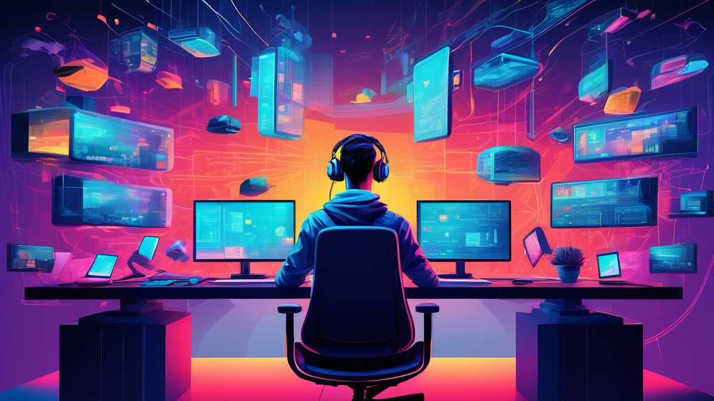 Detailed illustration of a programmer sitting at a desk, surrounded by three floating screens showing a model, view, and controller respectively, coding a web application in a vibrant, futuristic workspace.