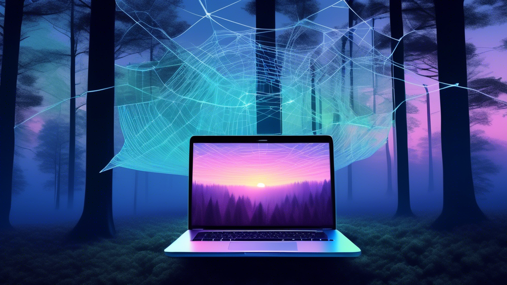 A laptop in the middle of a serene forest displaying a complex web application, with a translucent overlay of code symbolizing offline functionality, all under a clear twilight sky.