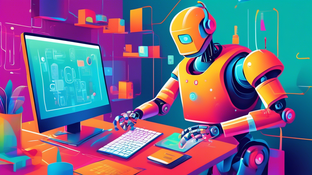 An illustration of a service worker as a robot diligently managing multiple background tasks behind the scenes of a colorful, modern web application interface.