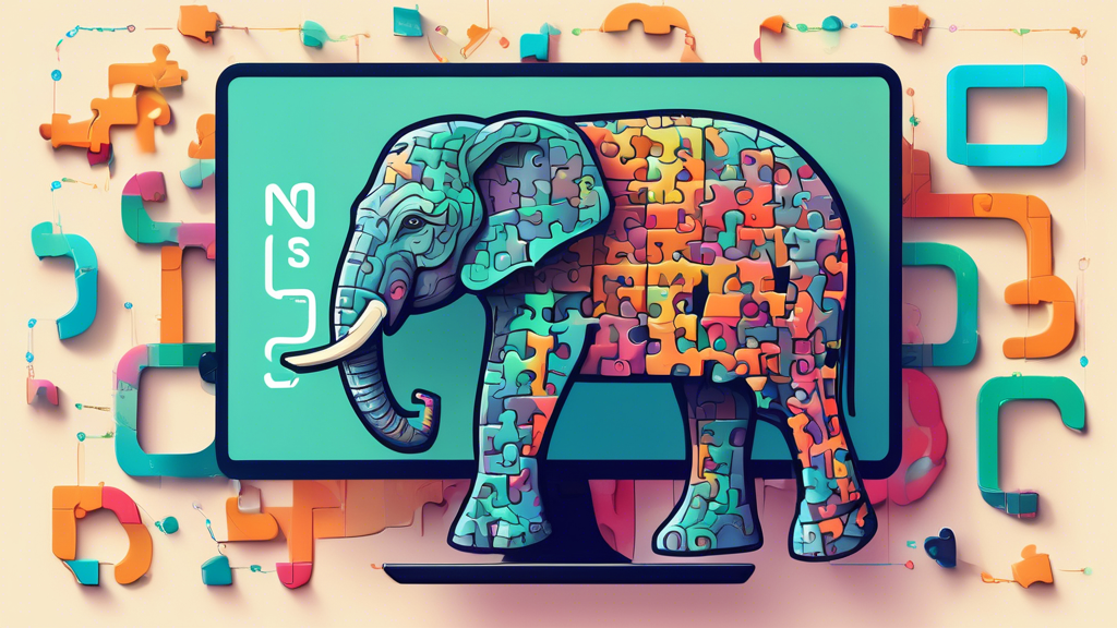 Detailed illustration of a Node.js logo and a PostgreSQL elephant connecting puzzle pieces together on a computer screen, with digital code symbols floating in the background.