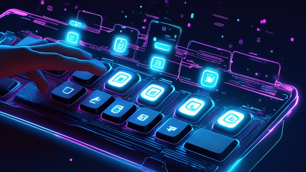 An artistic digital illustration of a hand typing on a futuristic keyboard with glowing JavaScript code, with speech bubbles around the screen showing various user input examples.