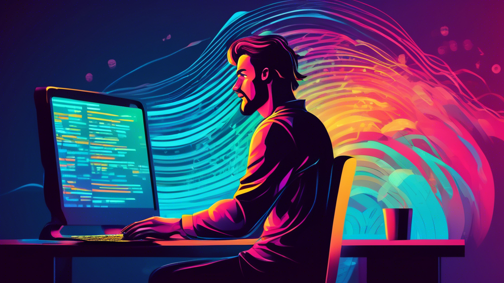 Illustration of a programmer sitting in front of a computer screen, coding AJAX requests in JavaScript, with digital waves symbolizing data flowing from a server to a computer.