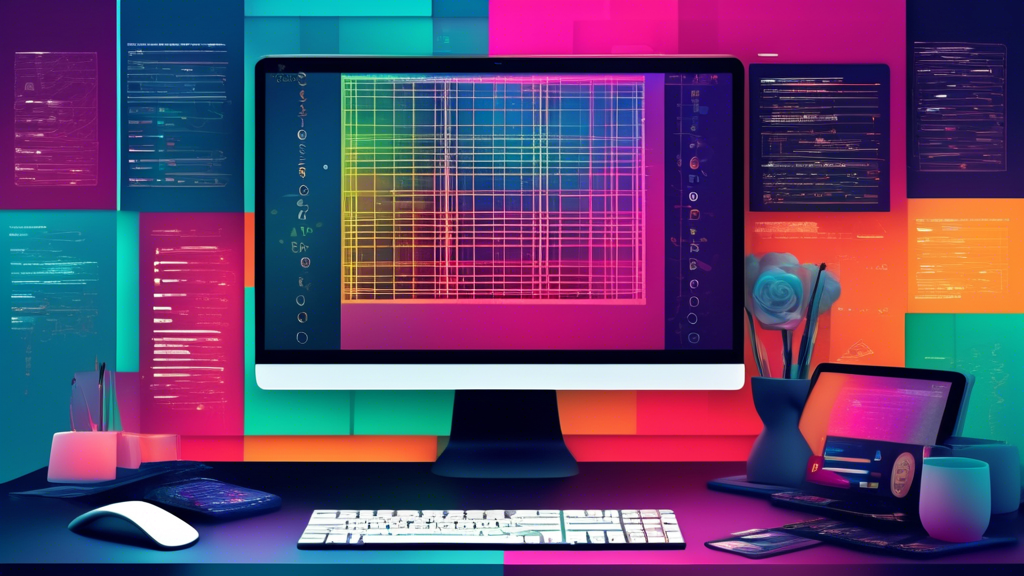 An artistically designed computer screen displaying a highly organized and colorful CSS Grid layout, with web page elements perfectly aligned in a visually appealing pattern, surrounded by snippets of CSS code and a digital ruler measuring grid spaces, set in a futuristic coding workspace environment.