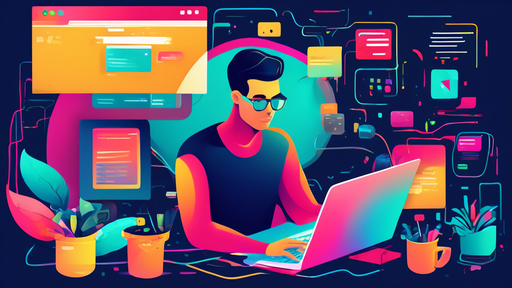 A digital illustration of a web developer surrounded by code, using SASS and LESS preprocessors to effortlessly style a website, with the concepts of CSS, SASS, and LESS visually floating around in a colorful, organized manner - highlighting the simplicity and power of preprocessors for beginners.