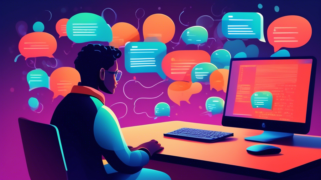 A digital illustration of a person sitting at a computer, surrounded by floating, glowing speech bubbles, each containing a perfectly structured git commit message, with a clear step-by-step guidebook open on the desk.