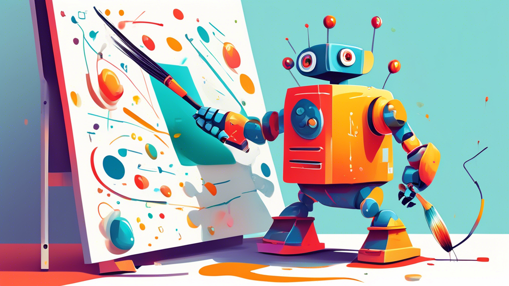 An illustration of a whimsical robot using a giant brush to paint clean, organized lines of code on a massive canvas, symbolizing the beauty and efficiency of using Prettier for code formatting.