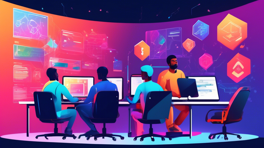 Diverse team of developers collaborating on a project using Git and GitHub on their computer screens, with digital icons of branch, merge, and commit floating around in a futuristic workspace.