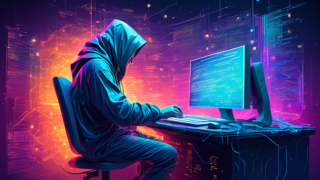 An artistic illustration of a programmer sitting at a computer, magically manipulating a digital structure made of HTML tags with JavaScript code, reflecting a wizard-like control over the DOM, set in a futuristic cyber workspace.